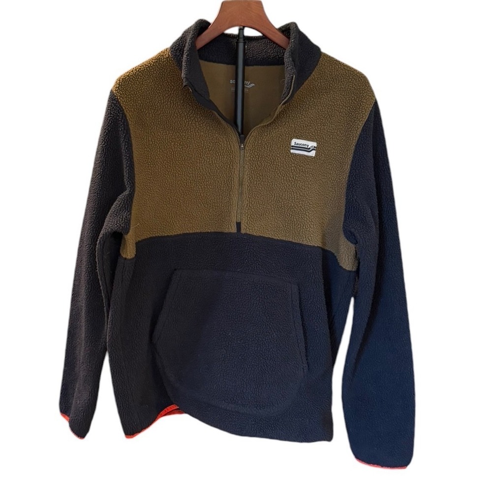 Saucony Womens Quarter Zip Sherpa Teddy Fleece Pullover Colorblock Navy Olive M